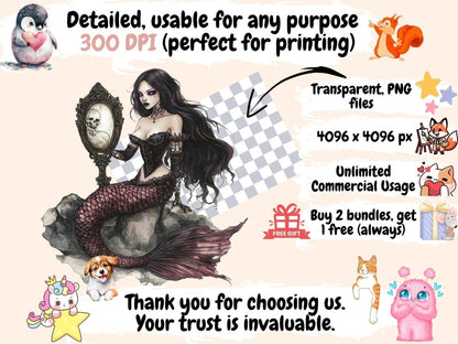 Gothic Mermaids Watercolor Clipart dark mermaid clipart eerie mermaid png fantasy mermaid png - WondersArtist