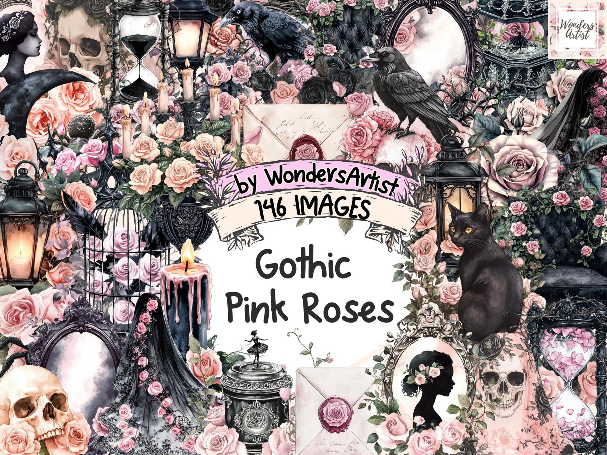 Gothic Pink Roses Watercolor Clipart - High - Quality Instant Digital Download for Creative Projects