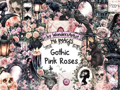 Gothic Pink Roses Watercolor Clipart Dark Floral Art - Wonders Artist