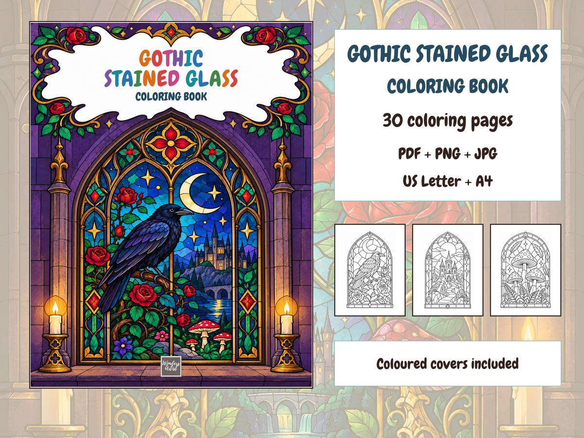 Gothic Stained Glass Coloring Book — complete digital bundle