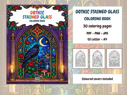 Gothic Stained Glass Coloring Book — complete digital bundle