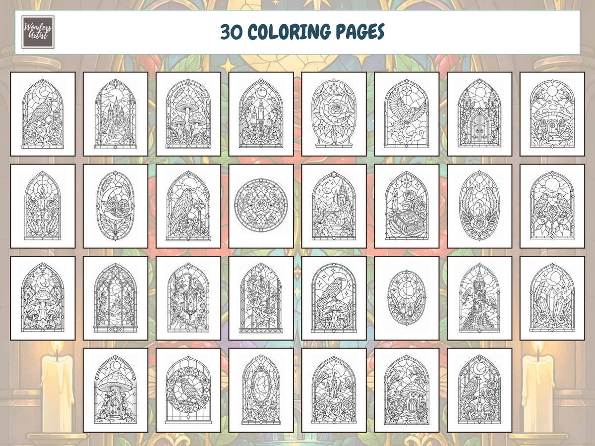 Gothic Stained Glass Coloring Book — all 30 coloring pages