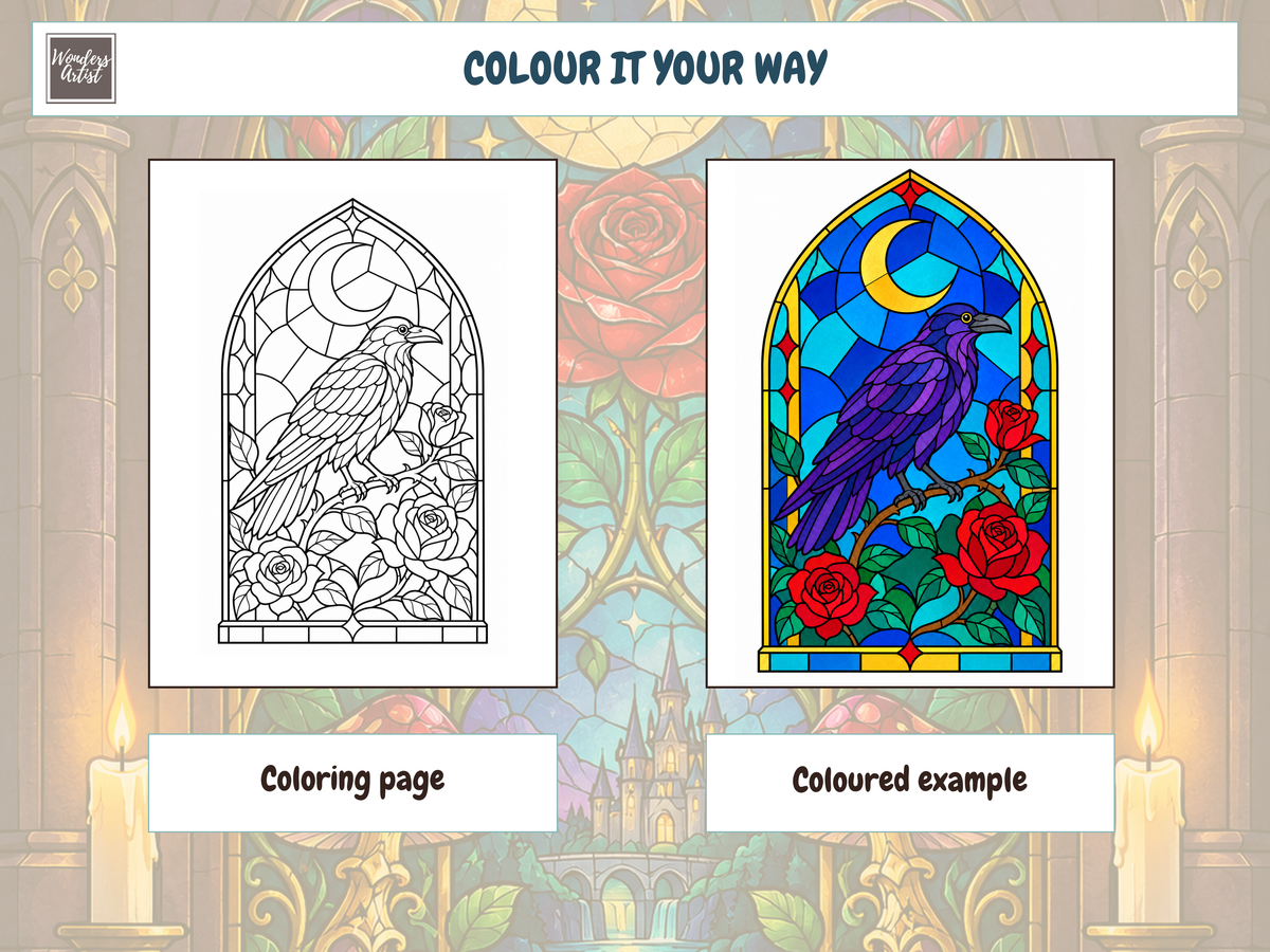 Gothic Stained Glass Coloring Book — coloring page and example