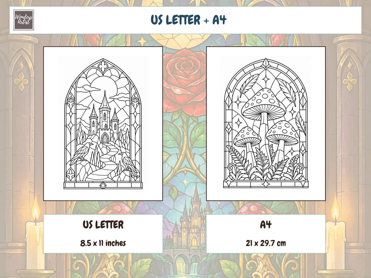 Gothic Stained Glass Coloring Book — print sizes