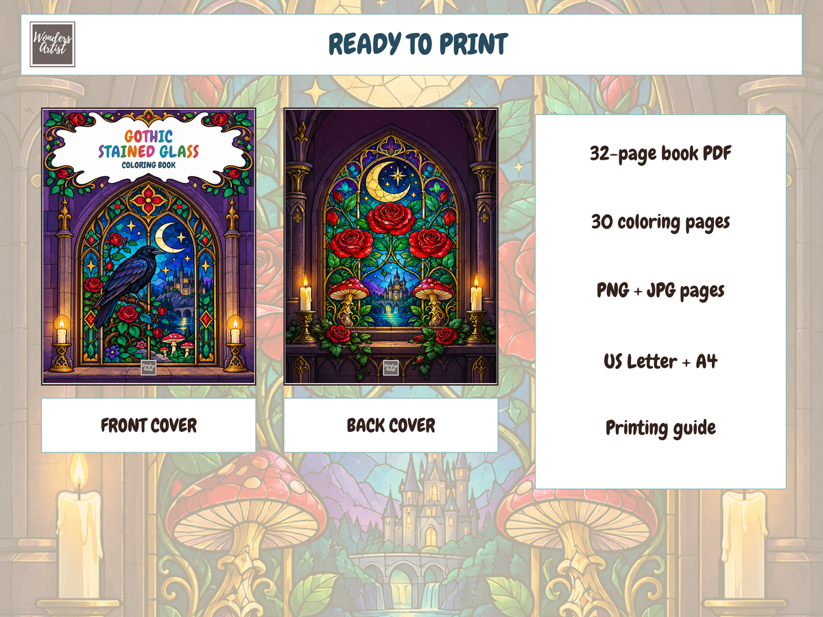Gothic Stained Glass Coloring Book — whats included