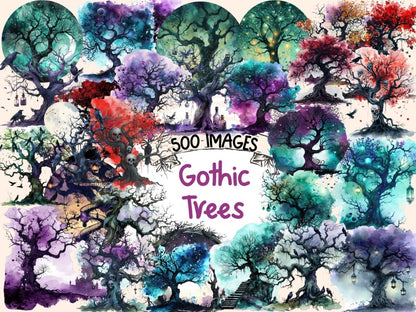 Gothic Trees Watercolor Clipart dark forest clipart - Wonders Artist