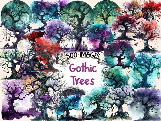 Gothic Trees Watercolor Clipart - High - Quality Instant Digital Download for Creative Projects