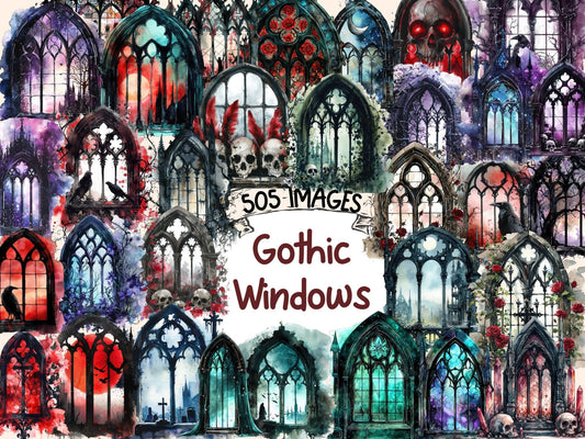 Gothic Windows Watercolor Clipart - High - Quality Instant Digital Download for Creative Projects