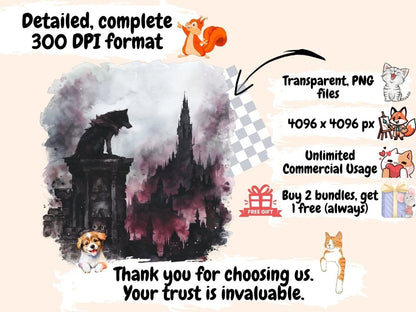 Gothic Wolves Watercolor Clipart dark wolf clipart - Wonders Artist