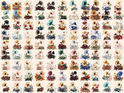 Gramophones Watercolor Clipart floral gramophone - Wonders Artist