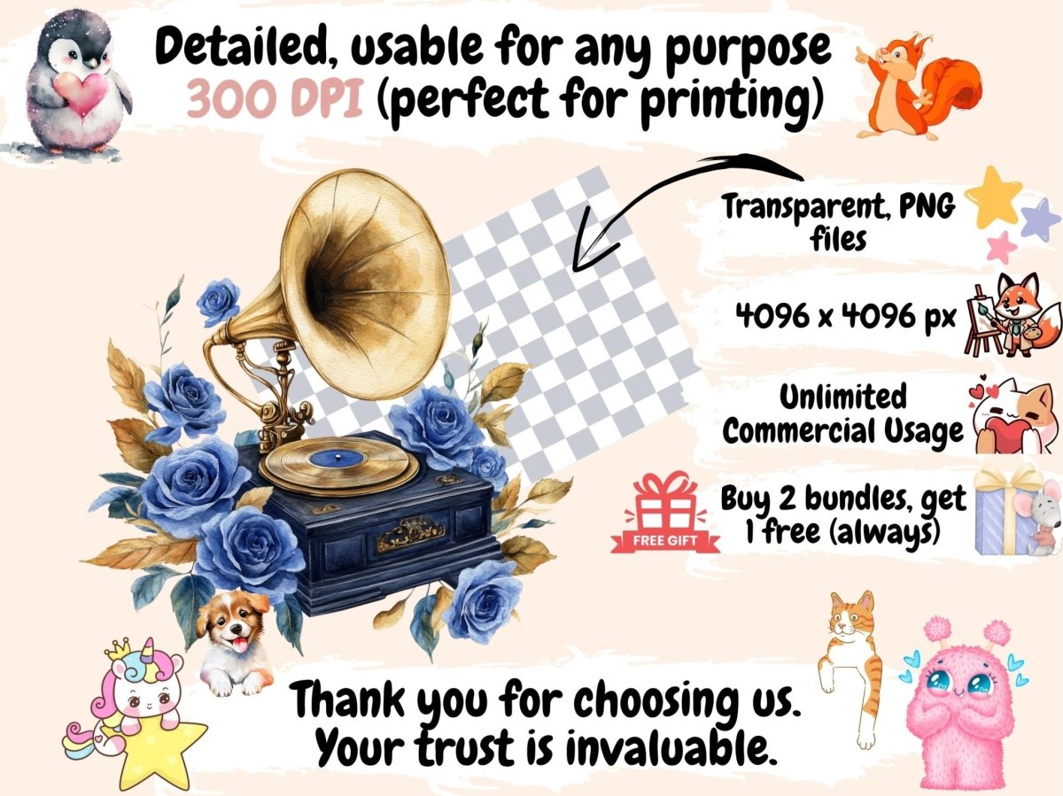 Gramophones Watercolor Clipart floral gramophone - Wonders Artist