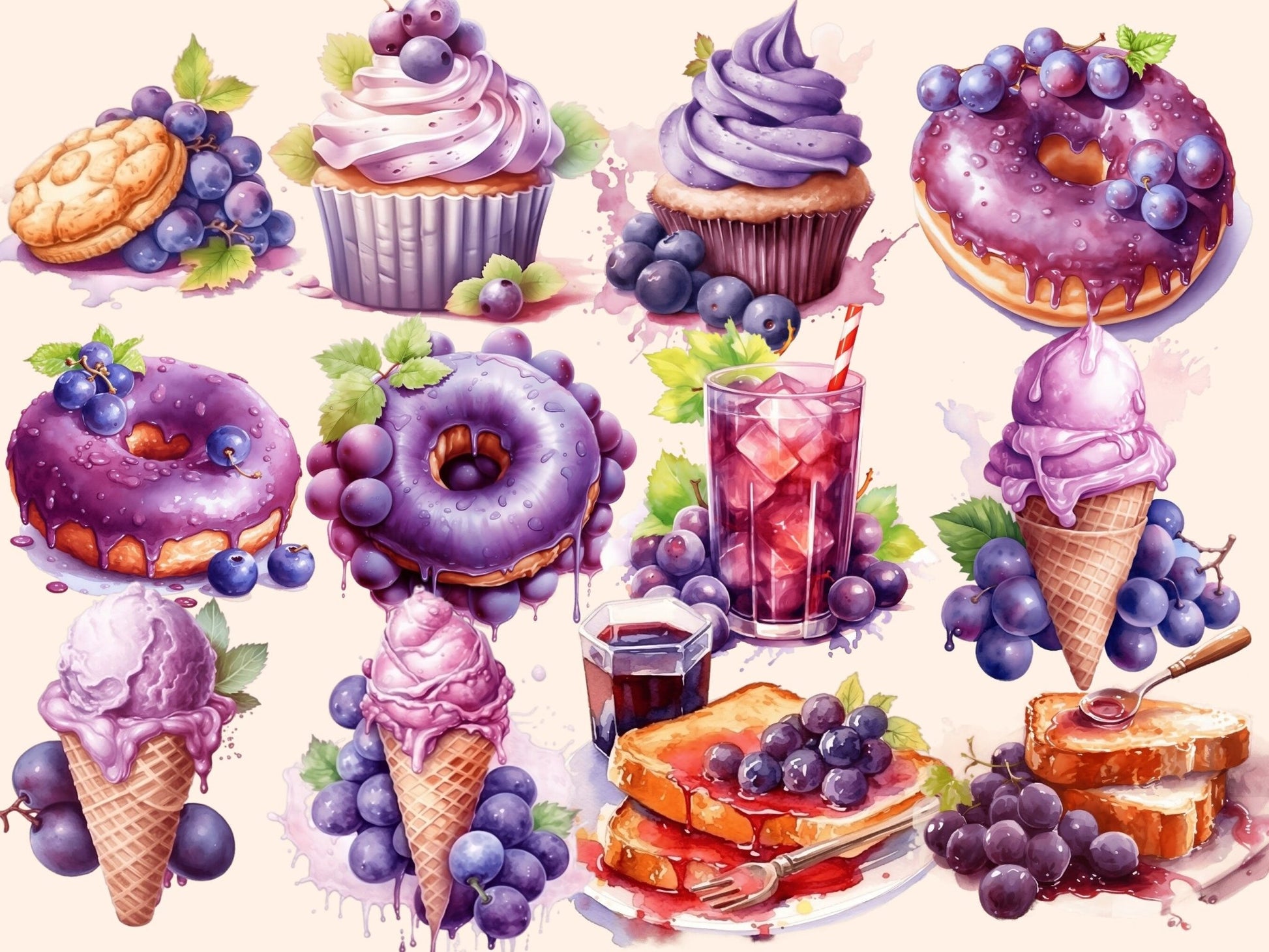 Grapes Watercolor Clipart - High - Quality Instant Digital Download for Creative Projects