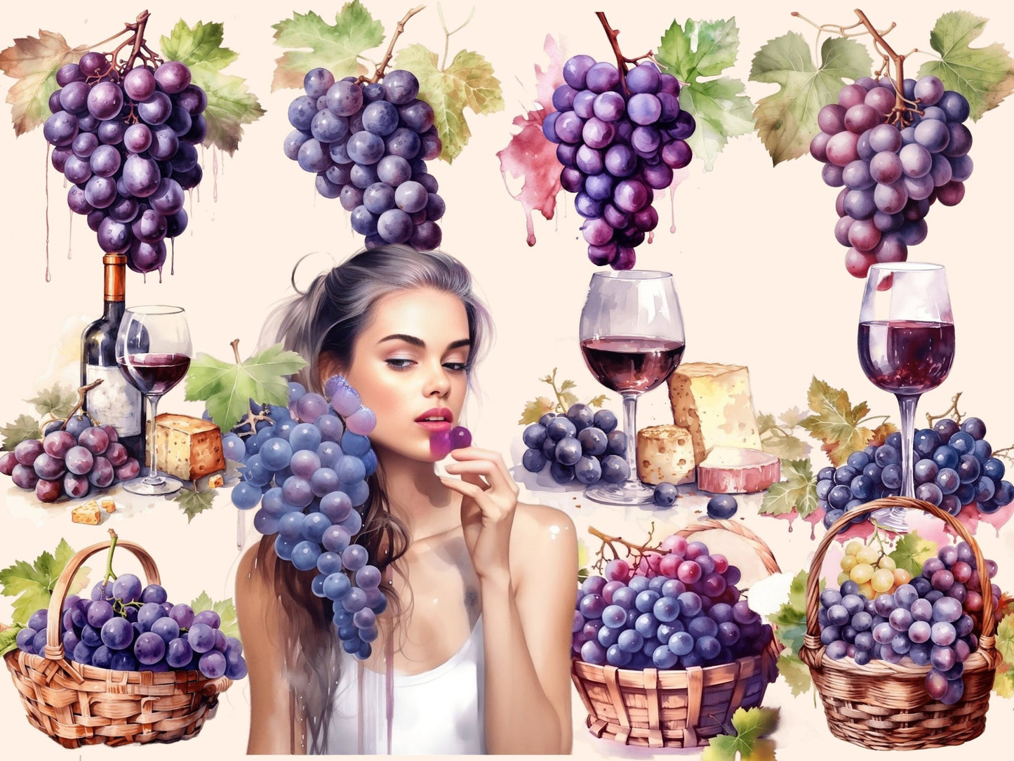 Grapes Watercolor Clipart - High - Quality Instant Digital Download for Creative Projects