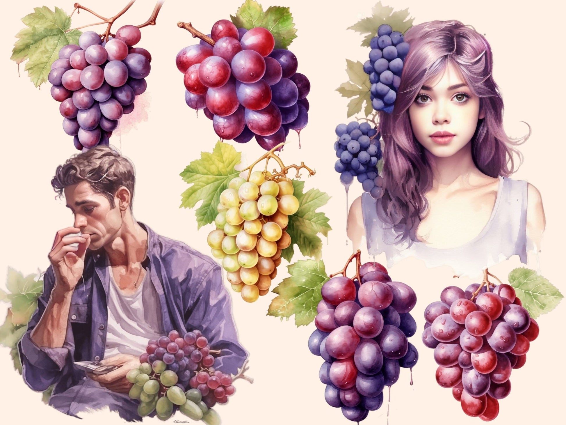 Grapes Watercolor Clipart - High - Quality Instant Digital Download for Creative Projects