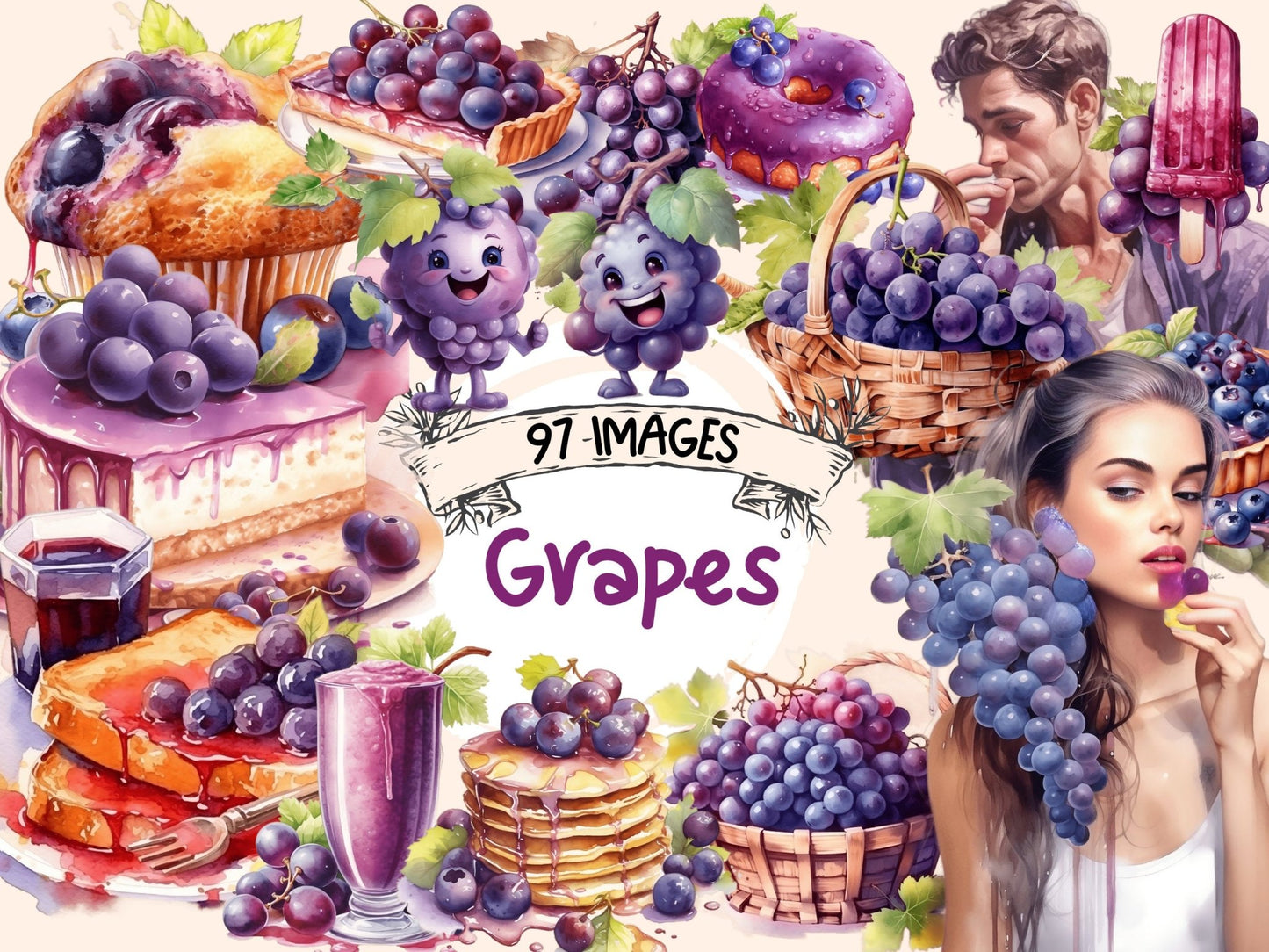 Grapes Watercolor Clipart - High - Quality Instant Digital Download for Creative Projects