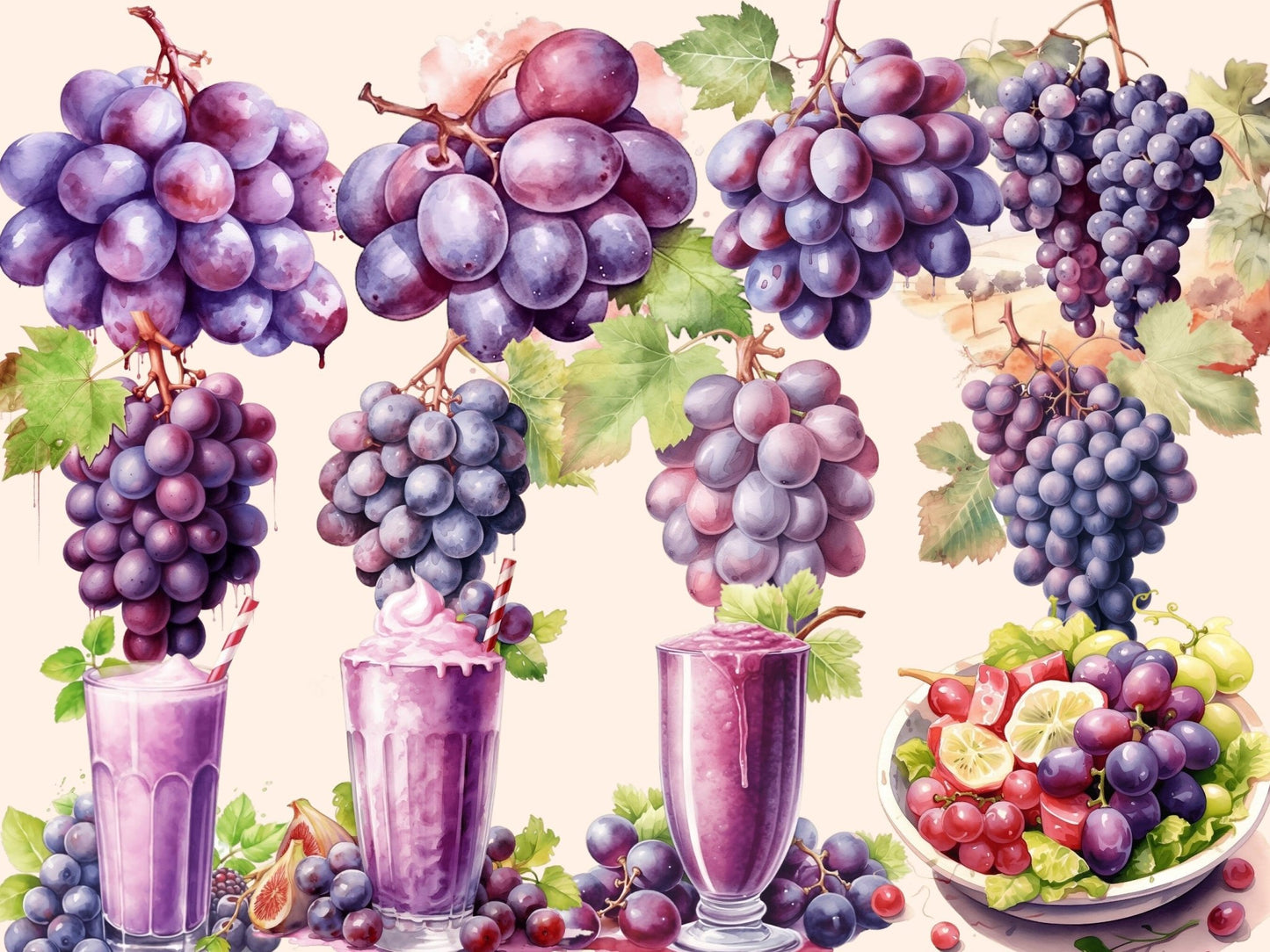 Grapes Watercolor Clipart - High - Quality Instant Digital Download for Creative Projects