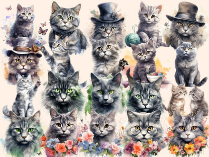 Gray Cats Watercolor Clipart cat clipart - Wonders Artist