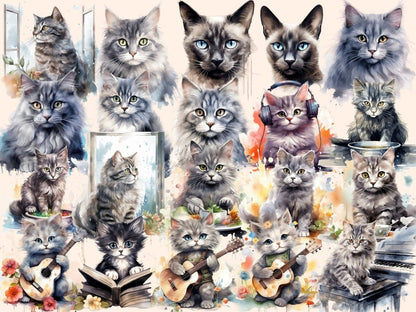 Gray Cats Watercolor Clipart cat clipart - Wonders Artist
