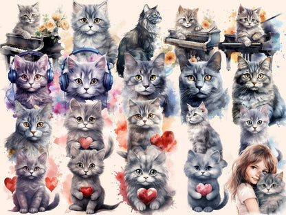 Gray Cats Watercolor Clipart cat clipart - Wonders Artist
