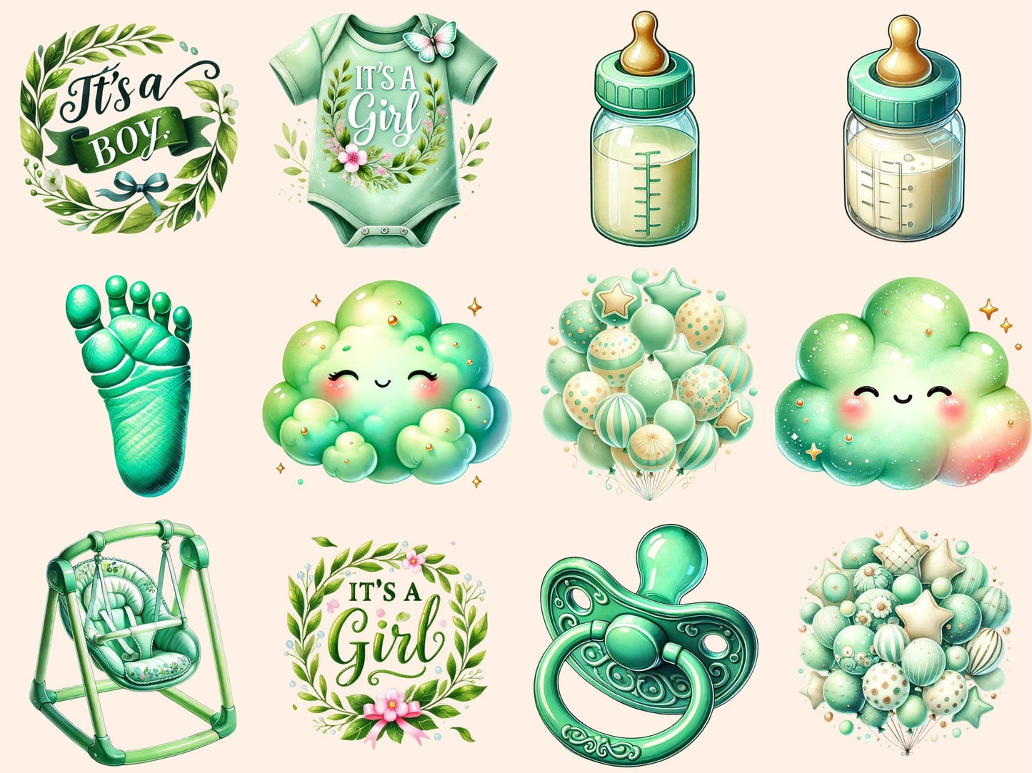 Green Baby Shower Clipart - High - Quality Instant Digital Download for Creative Projects