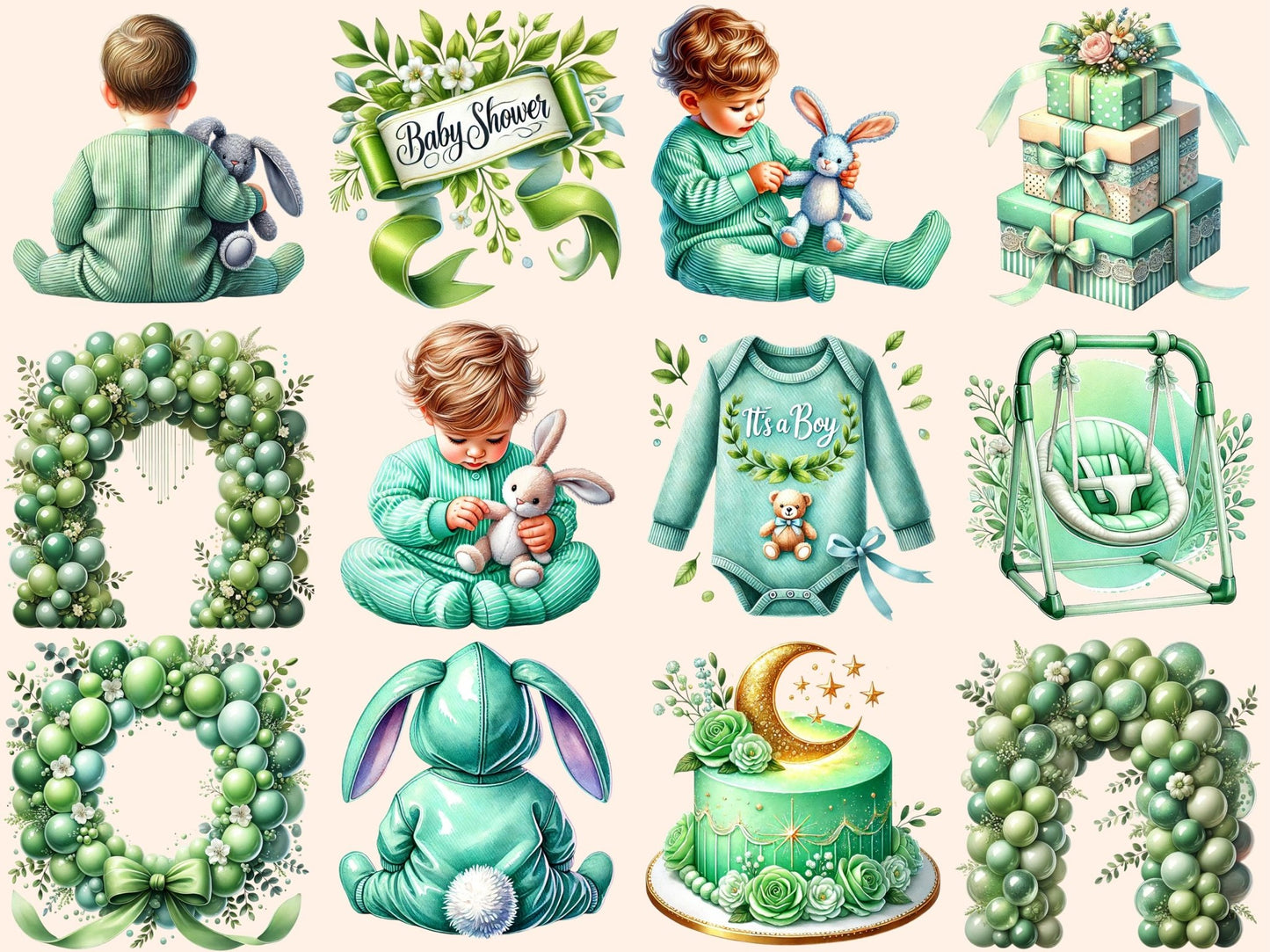 Green Baby Shower Clipart - High - Quality Instant Digital Download for Creative Projects