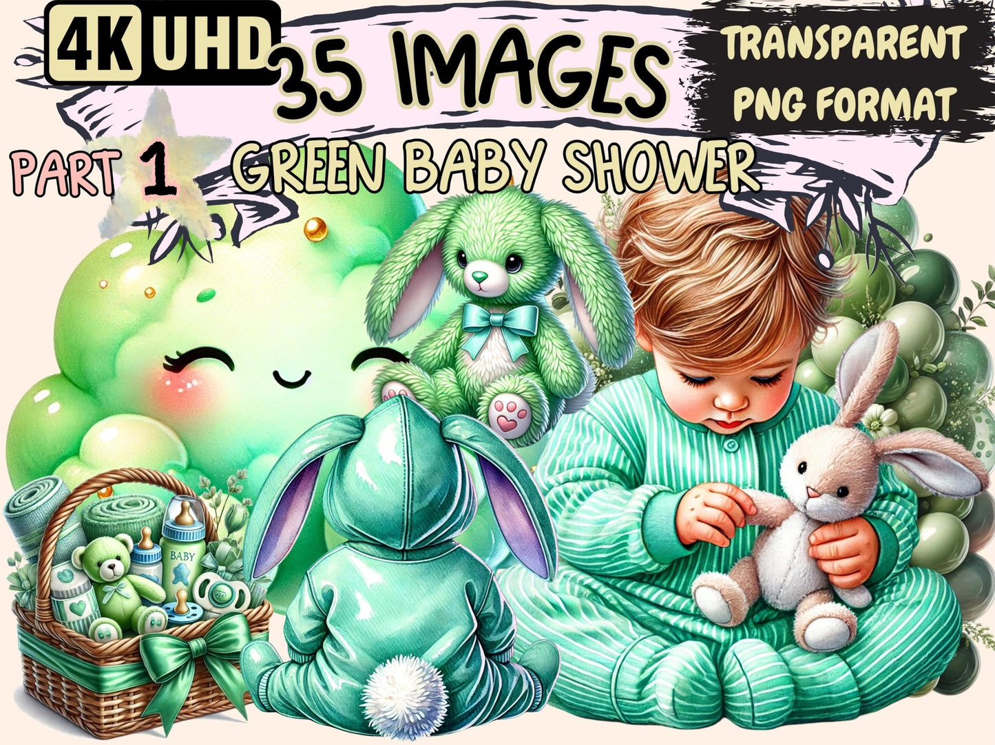 Green Baby Shower Clipart - High - Quality Instant Digital Download for Creative Projects