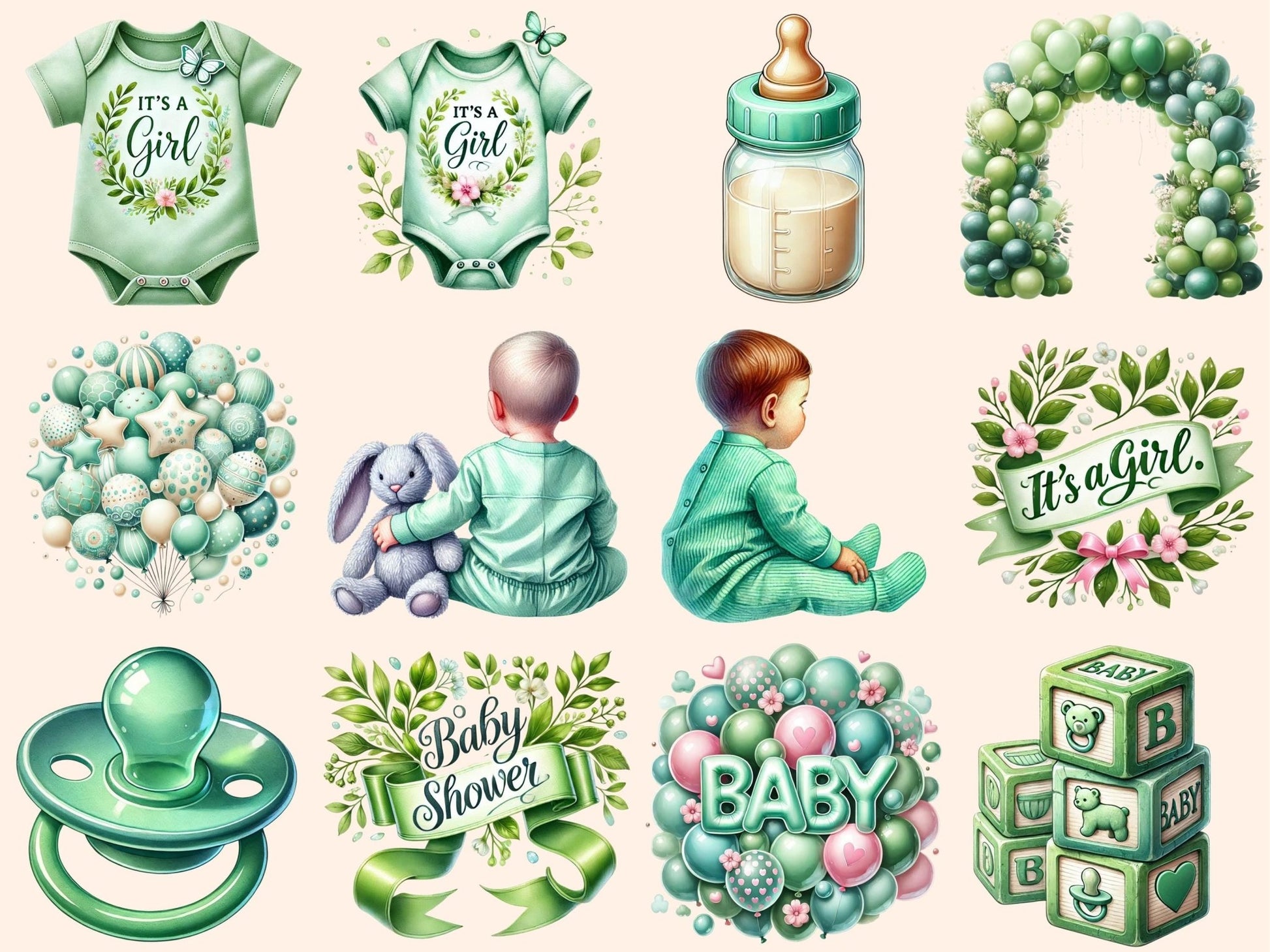 Green Baby Shower (P2) Clipart - High - Quality Instant Digital Download for Creative Projects