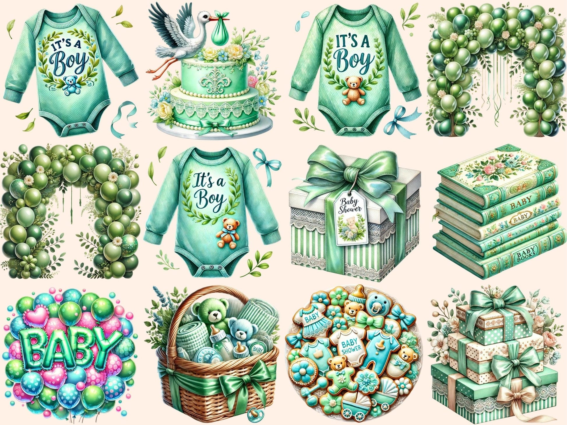 Green Baby Shower (P2) Clipart - High - Quality Instant Digital Download for Creative Projects