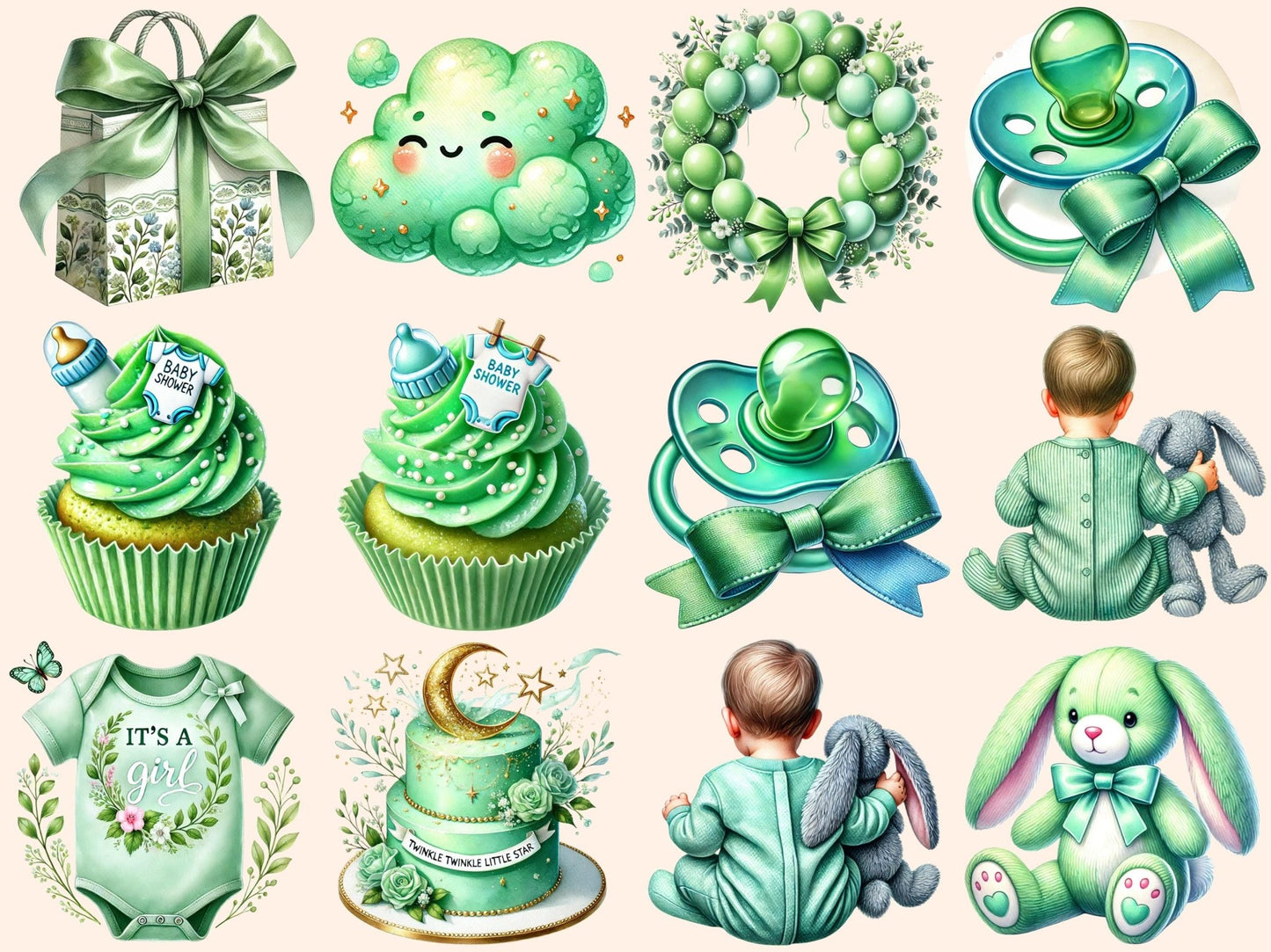 Green Baby Shower (P2) Clipart - High - Quality Instant Digital Download for Creative Projects