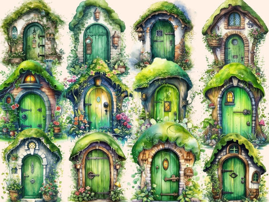 Clipart cu uși verzi de zână - acuarelă
