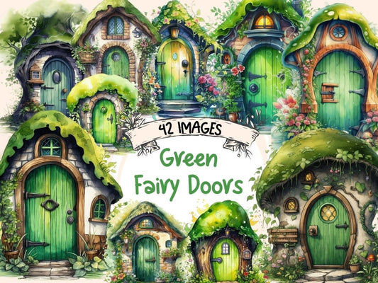 Green Fairy Doors Watercolor Clipart fairy clipart - Wonders Artist