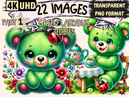 Green Ladybug Teddies Clipart - High - Quality Instant Digital Download for Creative Projects