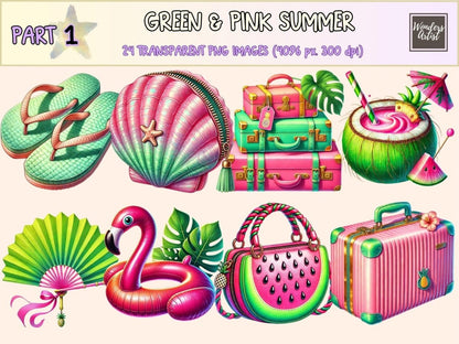 Green & Pink Summer (P1) Clipart colorful summer art - Wonders Artist