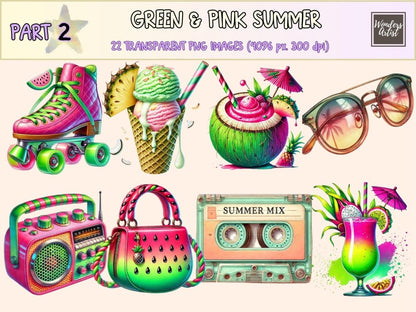Green & Pink Summer (P2) Clipart colorful summer art - Wonders Artist