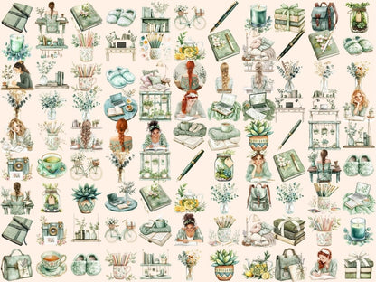 Green Planner Watercolor Clipart Botanical Printables - Wonders Artist