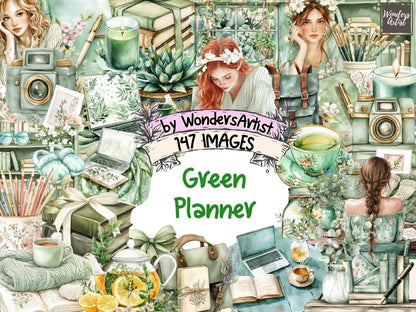 Green Planner Watercolor Clipart Botanical Printables - Wonders Artist