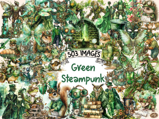 Green Steampunk Watercolor Clipart - High - Quality Instant Digital Download for Creative Projects