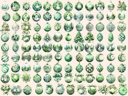 Green & White Christmas Ornaments Watercolor Clipart christmas ball png - Wonders Artist