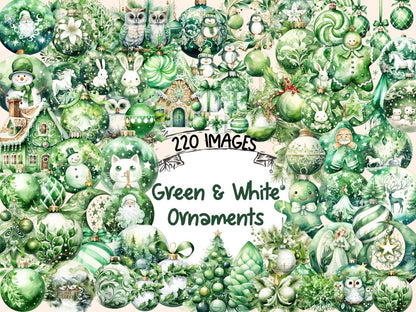 Green & White Christmas Ornaments Watercolor Clipart christmas ball png - Wonders Artist