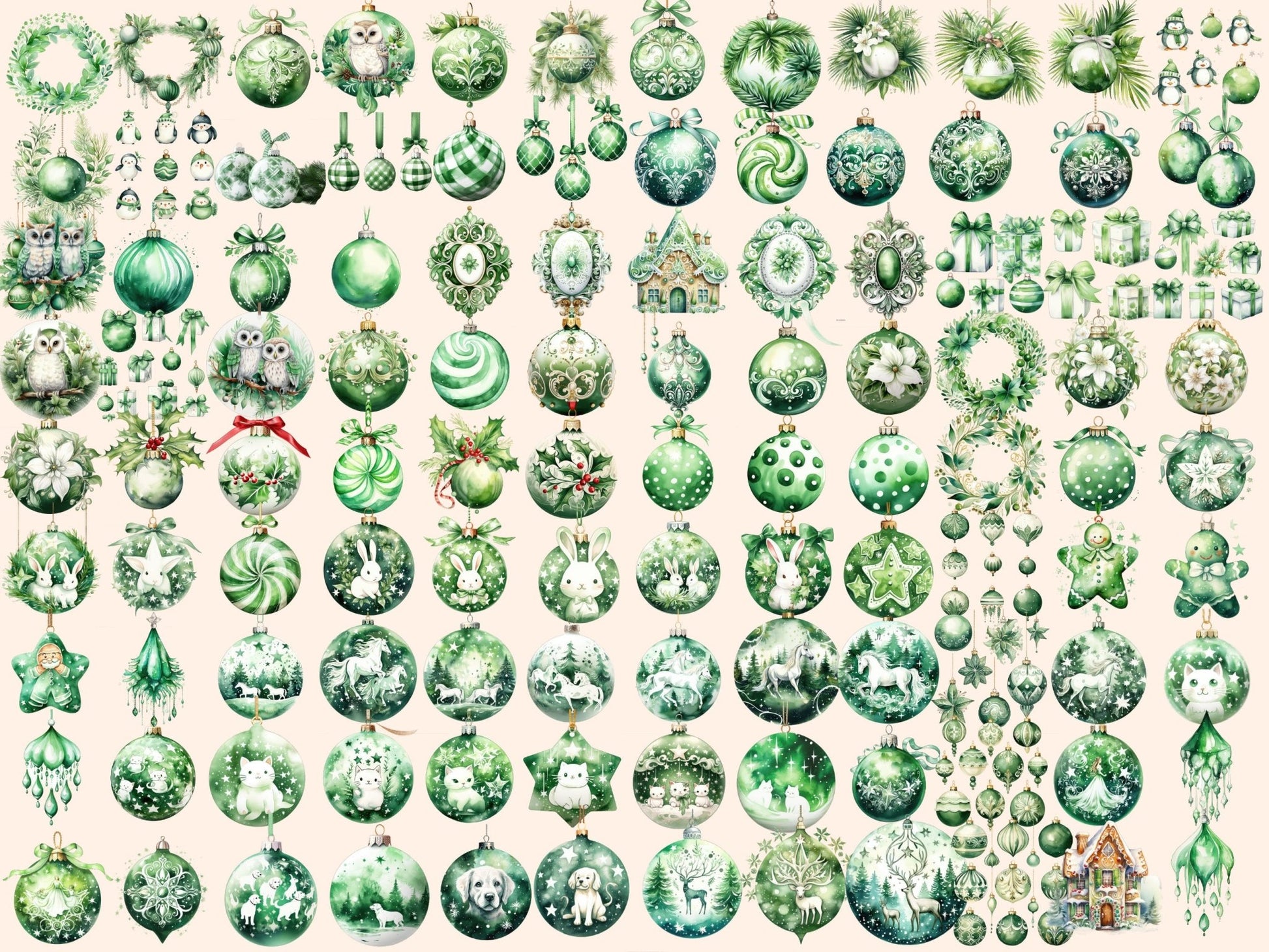 Green & White Christmas Ornaments Watercolor Clipart - High - Quality Instant Digital Download for Creative Projects