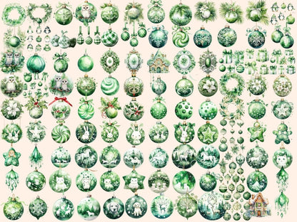 Green & White Christmas Ornaments Watercolor Clipart christmas ball png - Wonders Artist