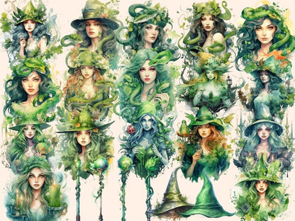 Green Witches Watercolor Clipart fairy clipart - Wonders Artist