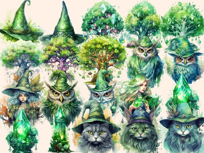 Green Witches Watercolor Clipart fairy clipart - Wonders Artist