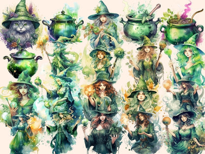 Green Witches Watercolor Clipart fairy clipart - Wonders Artist