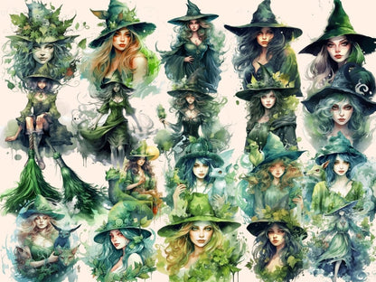Green Witches Watercolor Clipart fairy clipart - Wonders Artist