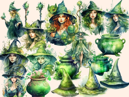 Green Witches Watercolor Clipart fairy clipart - Wonders Artist