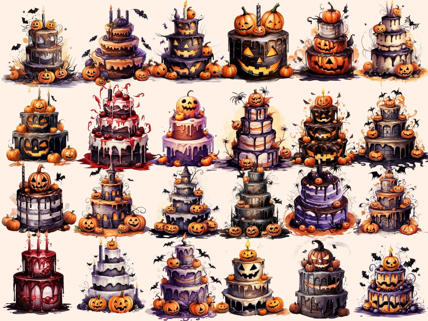 Halloween Cakes Watercolor Clipart - High - Quality Instant Digital Download for Creative Projects