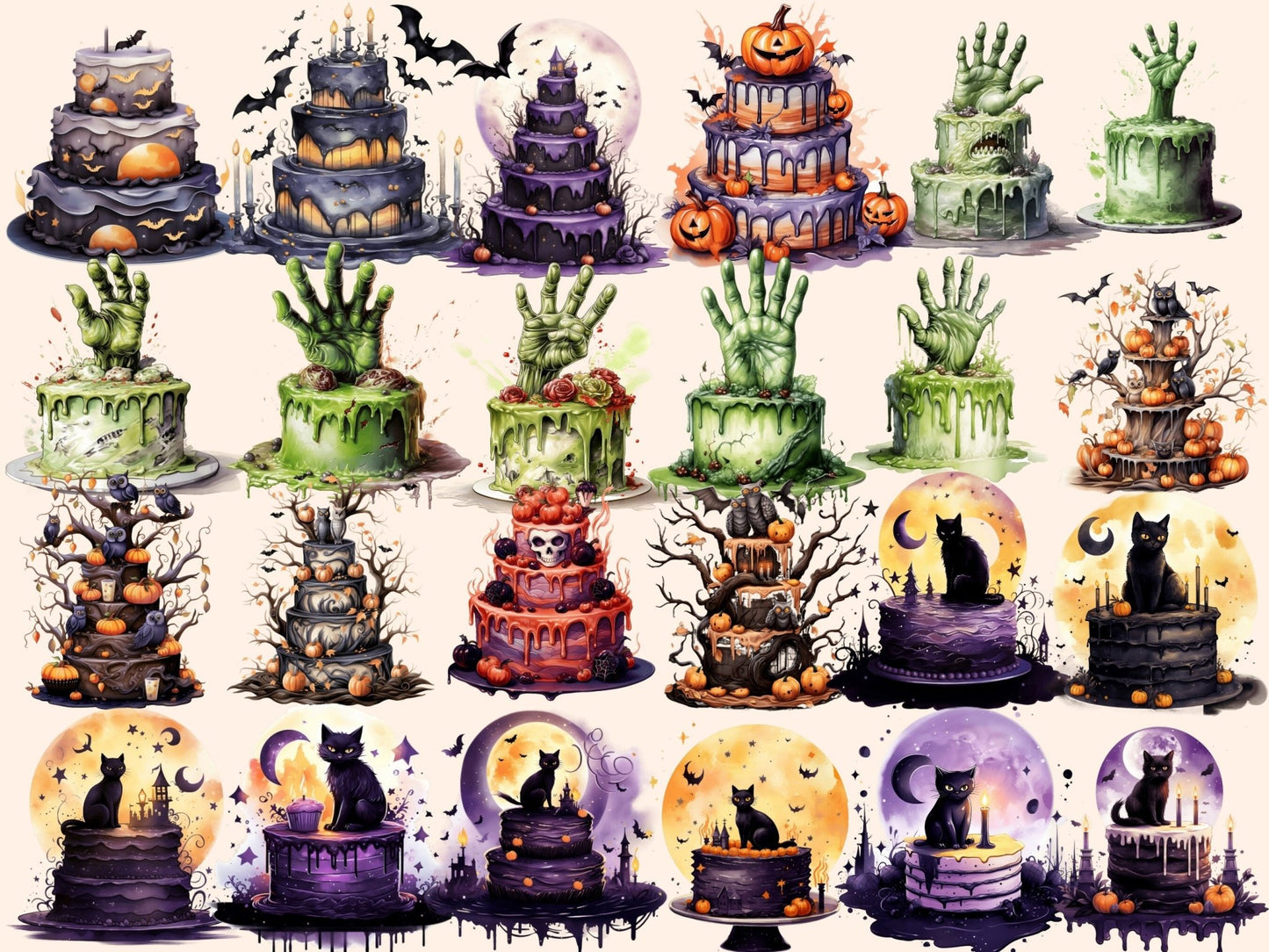 Halloween Cakes Watercolor Clipart - High - Quality Instant Digital Download for Creative Projects