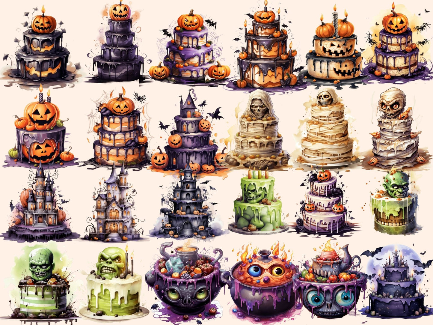 Halloween Cakes Watercolor Clipart - High - Quality Instant Digital Download for Creative Projects