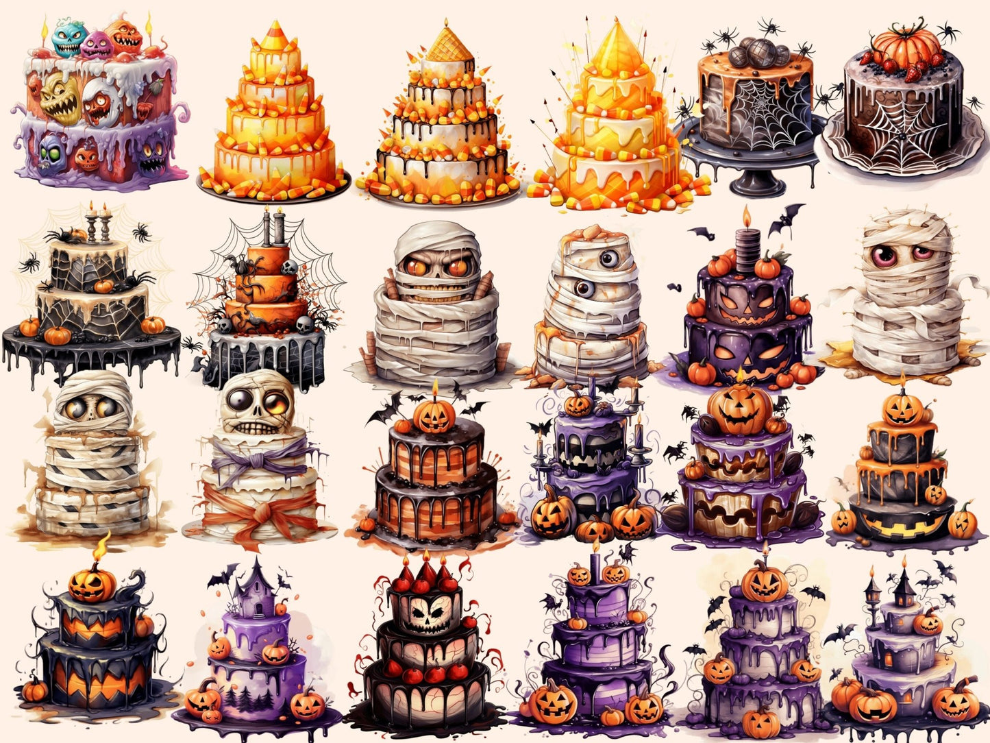 Halloween Cakes Watercolor Clipart - High - Quality Instant Digital Download for Creative Projects